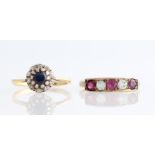 A ruby and colourless stone (likely to be colourless sapphire) five stone ring, unmarked, ring