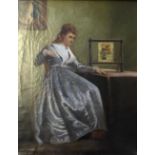 Framed, unglazed oil on board depicting lady sitting at dressing table, 24cm x 30.5cm.
