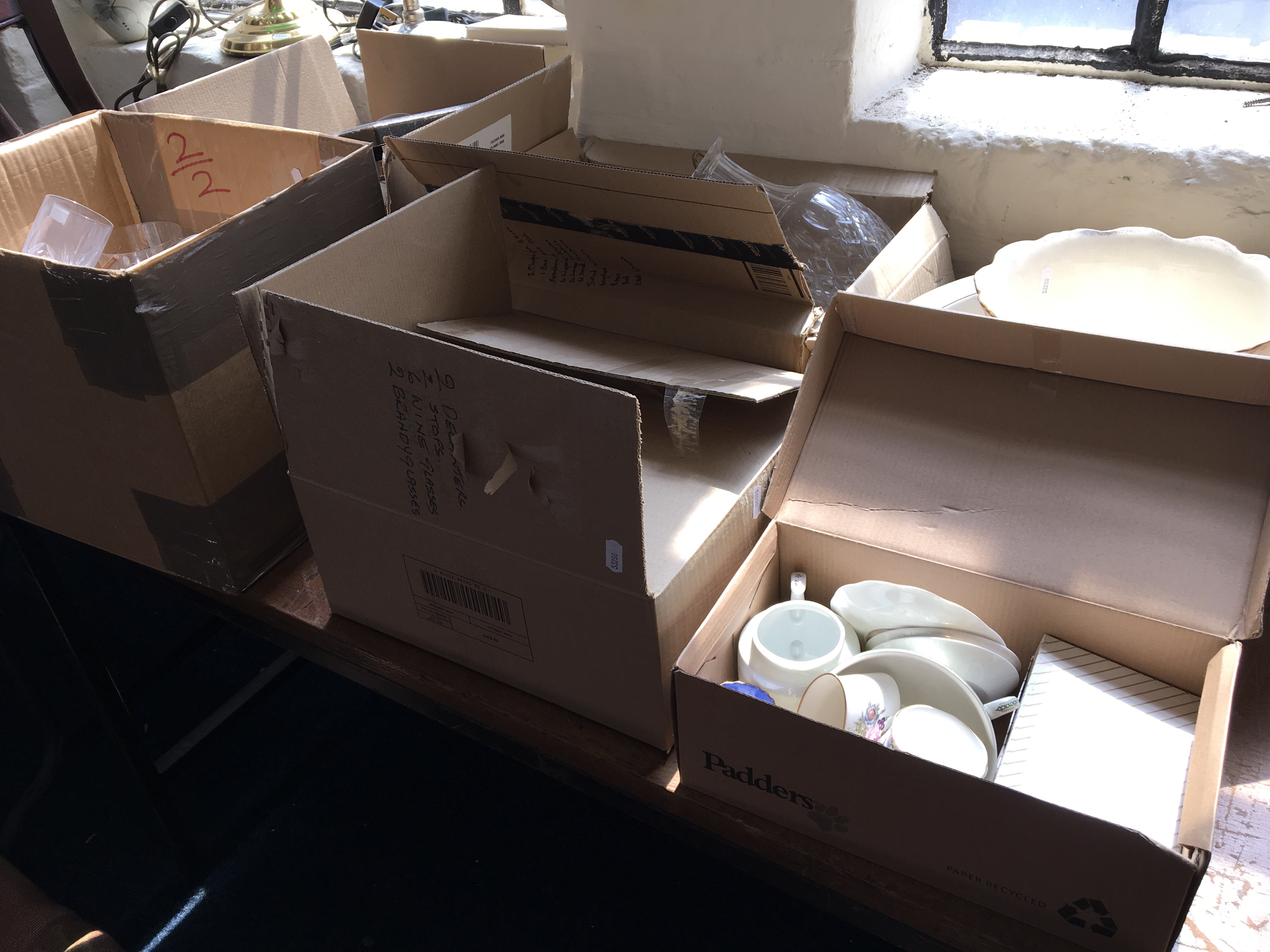 Five boxes of glassware, china, plated ware etc.