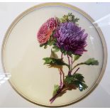 A pair of signed framed ceramic wall plates with floral decoration.