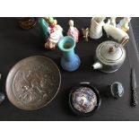 A selection of various items including bronze plate on stand with classical scene to top, Pratt ware