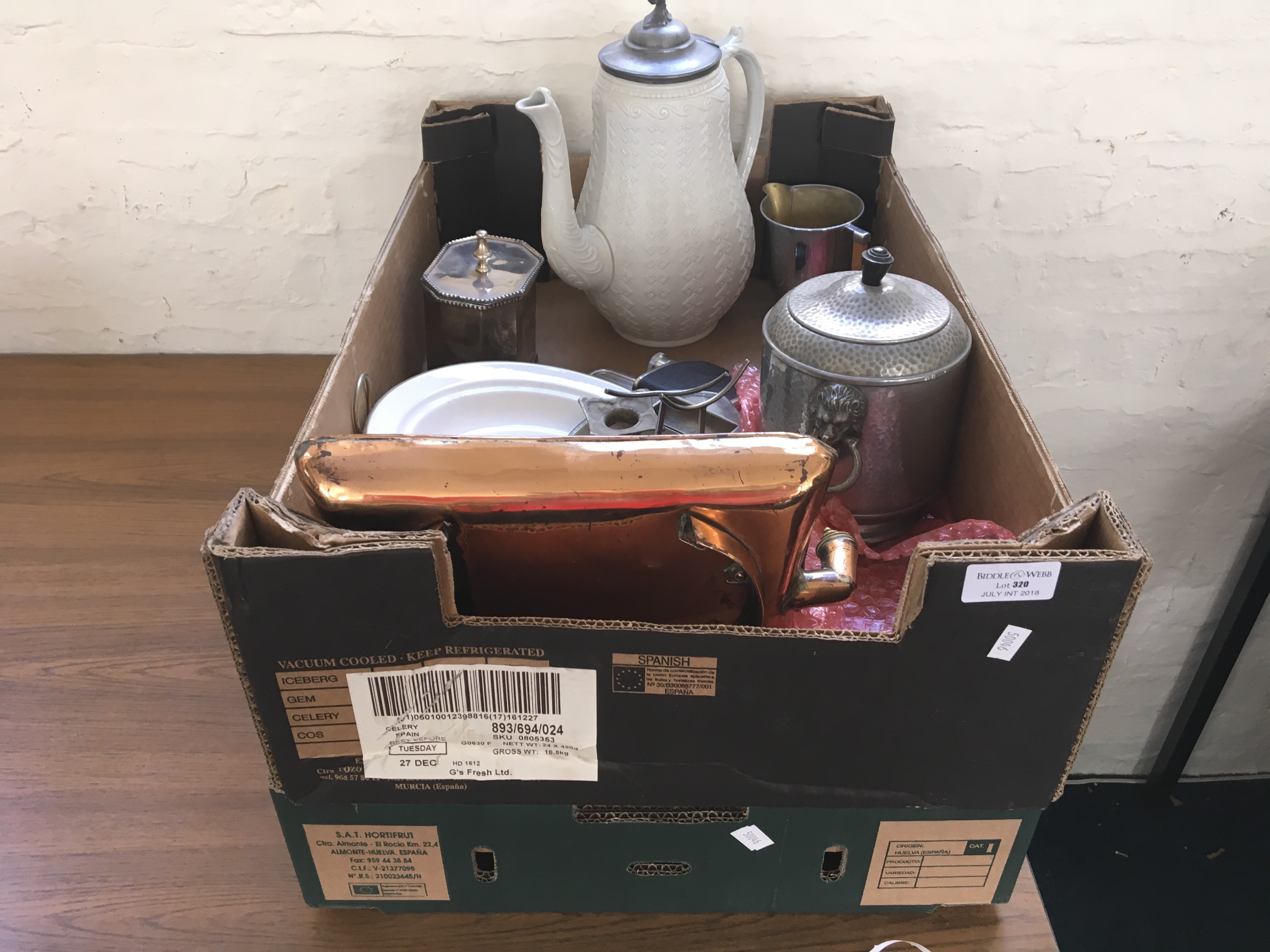 Two boxes containing various items, to include a tea pot with pewter lid, pewter biscuit barrel,