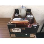 Two boxes containing various items, to include a tea pot with pewter lid, pewter biscuit barrel,