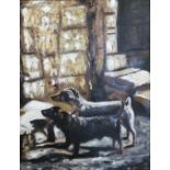 Framed, unglazed, indistinctly signed oil on canvas, depicting two terriers, 62.5cm x 76.5cm.