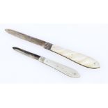 Two mother of pearl handled silver fruit knives, one hallmarked Birmingham 1896, the other