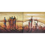 Two unframed, unsigned, oil on canvas, African landscapes with figures, 60cm x 60cm each.