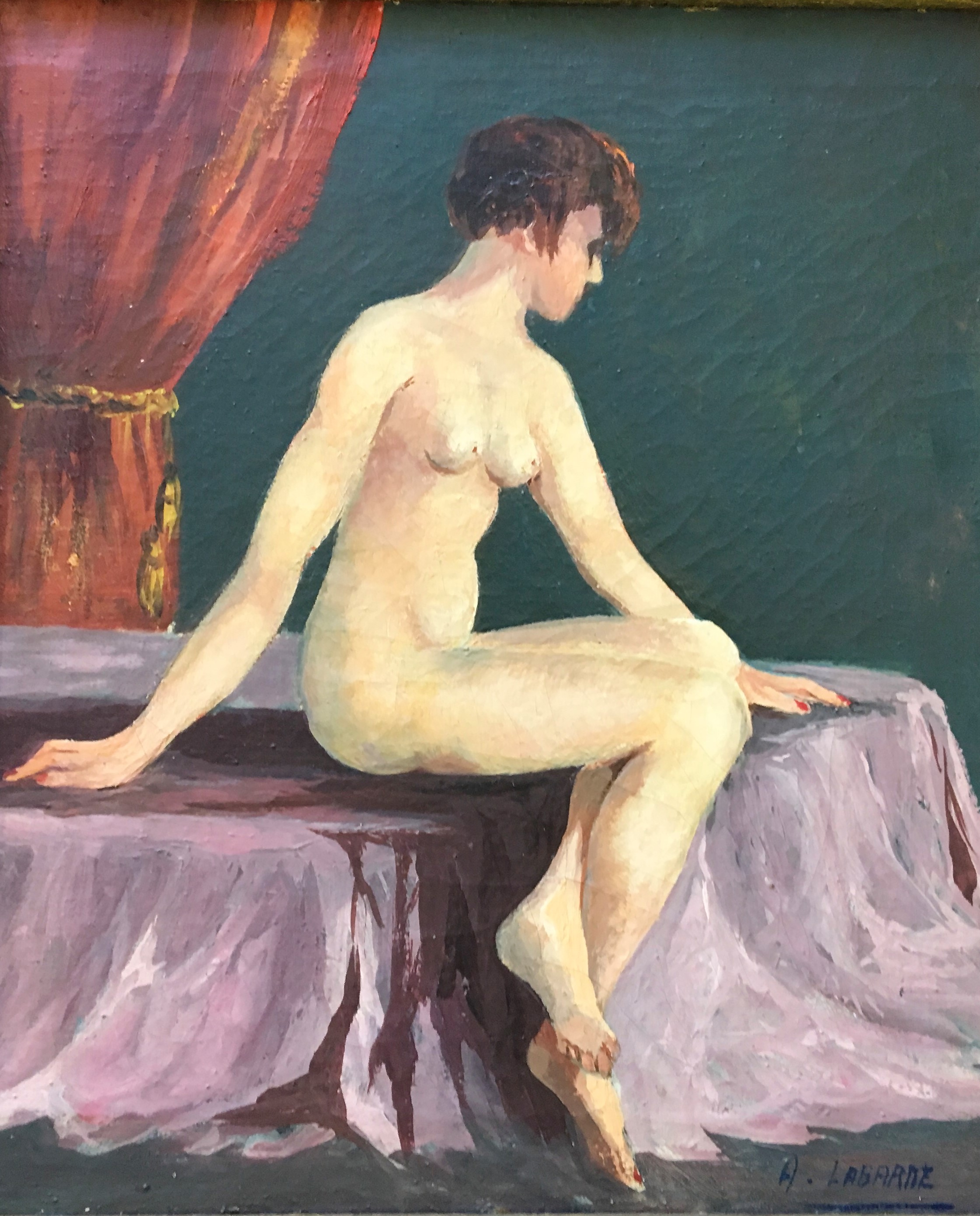 A. LABARDE. Framed, unglazed oil on board depicting seated nude lady, 32.5cm x 38.5cm.