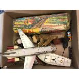 A box of various diecast toys to include a plane, boats a local shuttle return train in box.