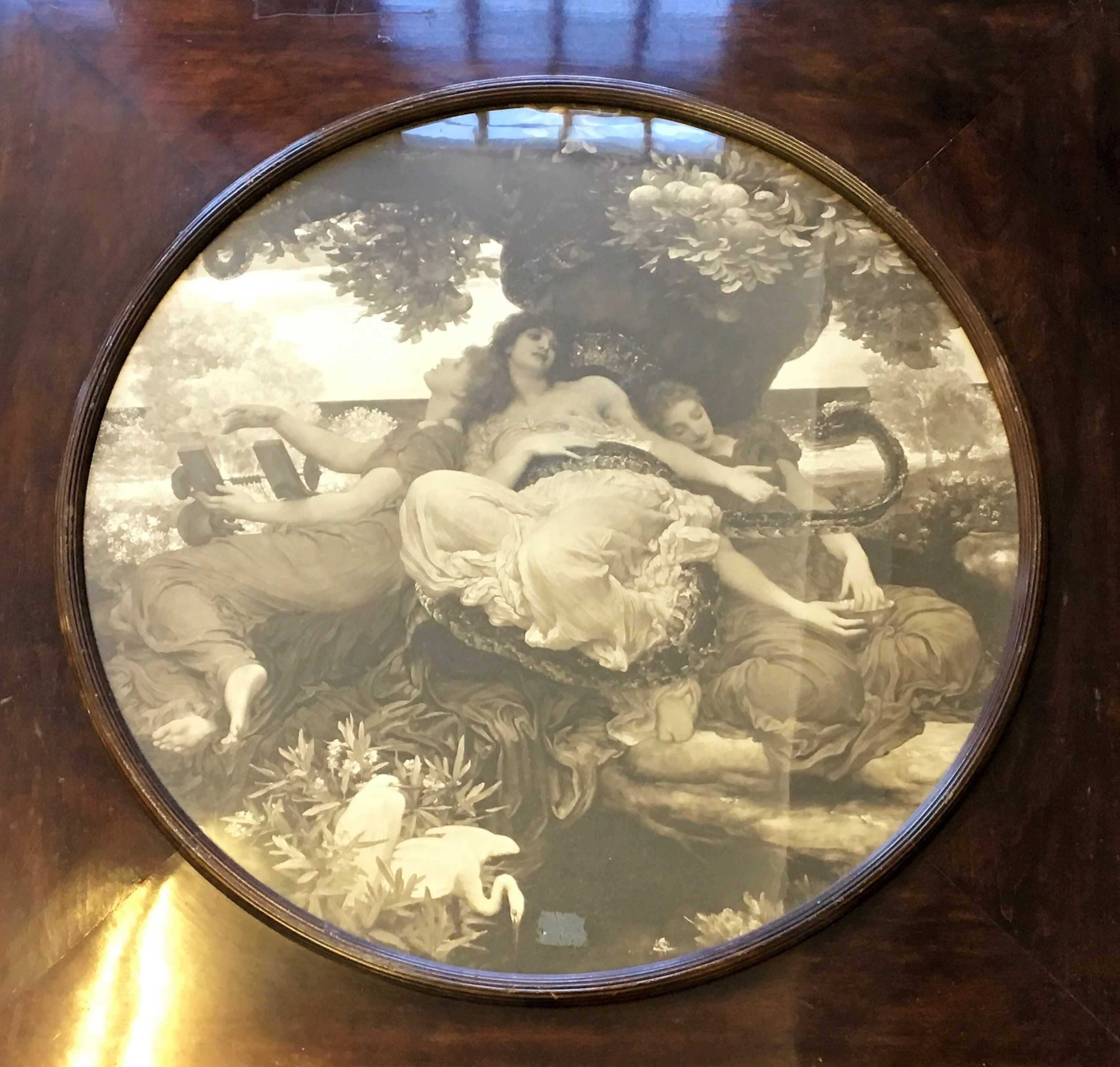 Framed, glazed photographic print depicting three ladies in flower garden, 80cm x 80cm,