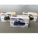 Three Corgi diecast models of Morris J Van Birmingham City Transport vehicles, each with