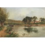 HENRY CHARLES FOX. Framed, glazed watercolour on paper, Thames scene with barge, 76cm x 60cm.