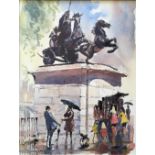 ROY PETTITT. Framed, glazed, signed watercolour on paper, London scene with figures, 42cm x 50cm.