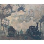 WILLIAM LAWRENCE. Framed, unglazed, signed oil on board, steam trains and figures at a station, 96cm