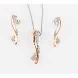 A part suite of 9ct rose and white gold diamond set jewellery, comprising a pair of earrings and a