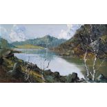 CHARLES WYATT WARREN. Framed, unglazed, signed oil on panel of rural landscape with lake and