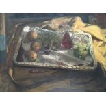 GEORGE WEISSBORT. A large, gilt framed, signed still life scene of fruits and wine on tablecloth,