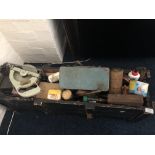 Painted wooden box containing assorted tools etc.