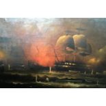 D. HEWITT. Framed, unglazed, signed oil on canvas, sea battle scene, 83cm x 60cm.