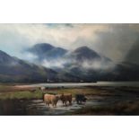 H HADFIELD CUBLEY. Framed, unglazed, signed oil on canvas, cattle watering in mountain scene,