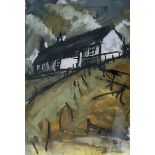 SALLY HUTTON. Framed, glazed and mounted, signed oil on paper, titled verso ‘Farm on moors’, 70cm