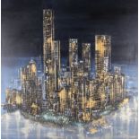 PAUL LANGFORD. Signed oil on canvas, titled Golden City Skyline, dated 2011, 75cm x 76cm.