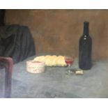 GEORGE WEISSBORT. Framed, unglazed, signed oil on board, wine and cheese still life study, 64.5cm