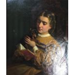 Framed, unglazed, indistinctly signed oil on canvas, dated 1888, lady reading, holding a black and