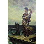 BENOIR. Large framed, signed oil on canvas, portrait of lady and child by the sea, 80cm x 112cm.