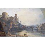 JOHN SYER. Framed, glazed, signed watercolour on paper, river scene with castle ruins and fisherman,