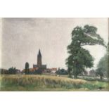 GEORGE WEISSBORT. Framed, signed oil on board, landscape scene with church in the background, 68cm x