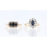 Two hallmarked 9ct yellow gold sapphire and diamond cluster design rings, (2).