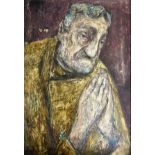 A framed, unglazed Russian expressionist portrait of a man praying, signed ‘Lerome’ and dated ‘52,