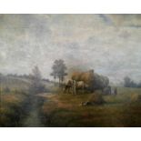 M. LEMOTT. Framed, unglazed, signed oil on board, river scene with two horses, 62cm x 51.5cm.