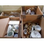 Five cartons of assorted glassware, brass candlesticks, cased fish knives and forks etc.