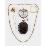 A lot to include a banded agate pendant, a chain stamped 9ct, three single earrings, a broken chain,
