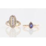 Two hallmarked 9ct gold tanzanite and diamond rings, ring sizes M and O, (2).