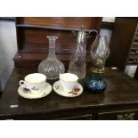 Two boxes of mixed items to include a silver plated topped claret jug, Crown Royal tea set, a