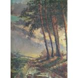 F. PETIT. French mid 20th framed oil on canvas, dated 1930, post impressionist railway track with