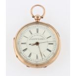 A 9ct yellow gold cased R. Gilbert & Sons key wind open face chronograph pocket watch, the cream