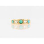 A turquoise and diamond five stone ring, set with three round turquoise cabochons and two Old