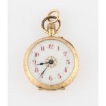 A ladies crown wind open face fob watch, the white enamel dial having hourly red Arabic numeral