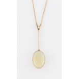 An opal and seed pearl pendant, set with an oval opal cabochon, suspended from a knife edge bar