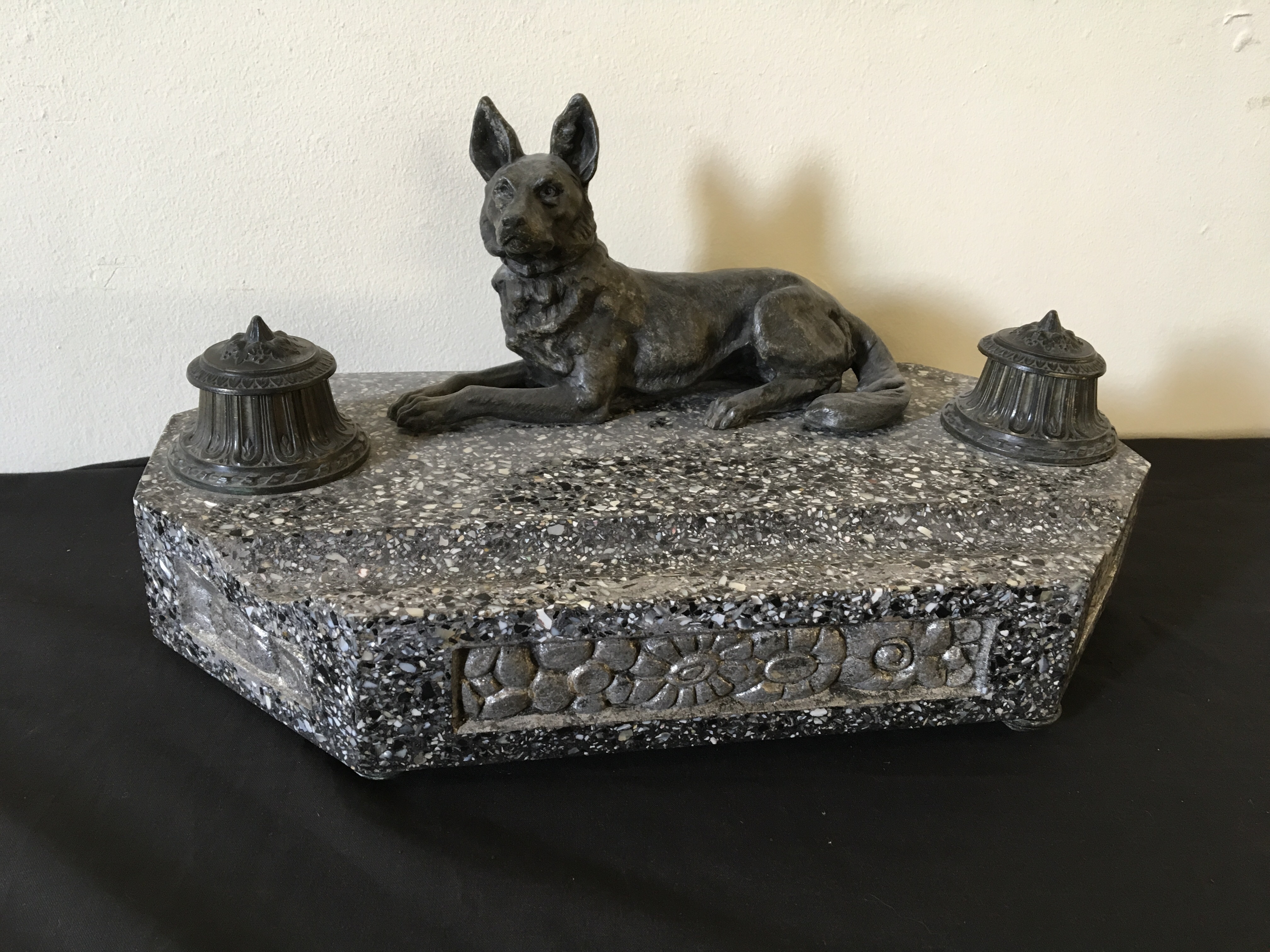 An Art Deco style ink well stand with spelter German Shepherd figure.