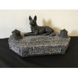 An Art Deco style ink well stand with spelter German Shepherd figure.