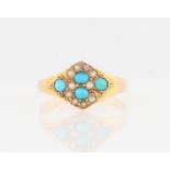 A Victorian 15ct yellow gold turquoise and seed pearl ring, hallmarked Birmingham 1891, ring size
