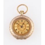 A 9ct yellow gold ladies crown wind open face fob watch, the gold-tone dial having hourly Roman