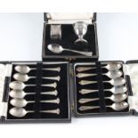 Two boxed set of six hallmarked silver teaspoons, together with an EPNS Christening set.
