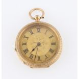 A ladies key wind open face fob watch, the gold-tone dial having hourly Roman numeral markers with
