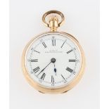 A Waltham crown wind open face fob watch, the white enamel dial having hourly Roman numeral