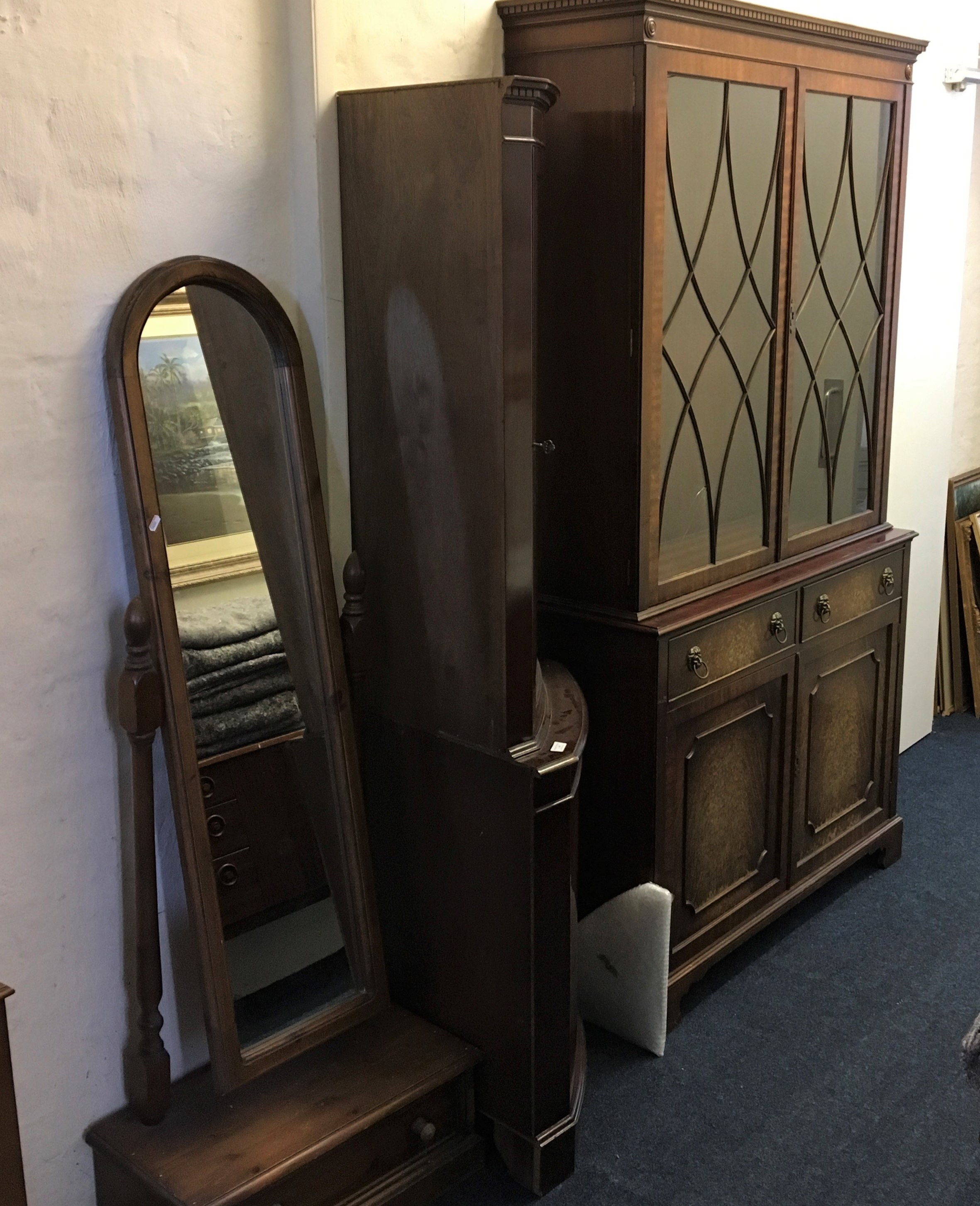 A Mahogany corner cabinet, together with a full length mirror with drawer and a reproduction display